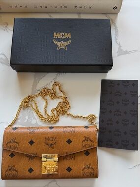 MCM Cognac Visetos Tracy Logo Flap Wallet with Gold Lock & Chain.